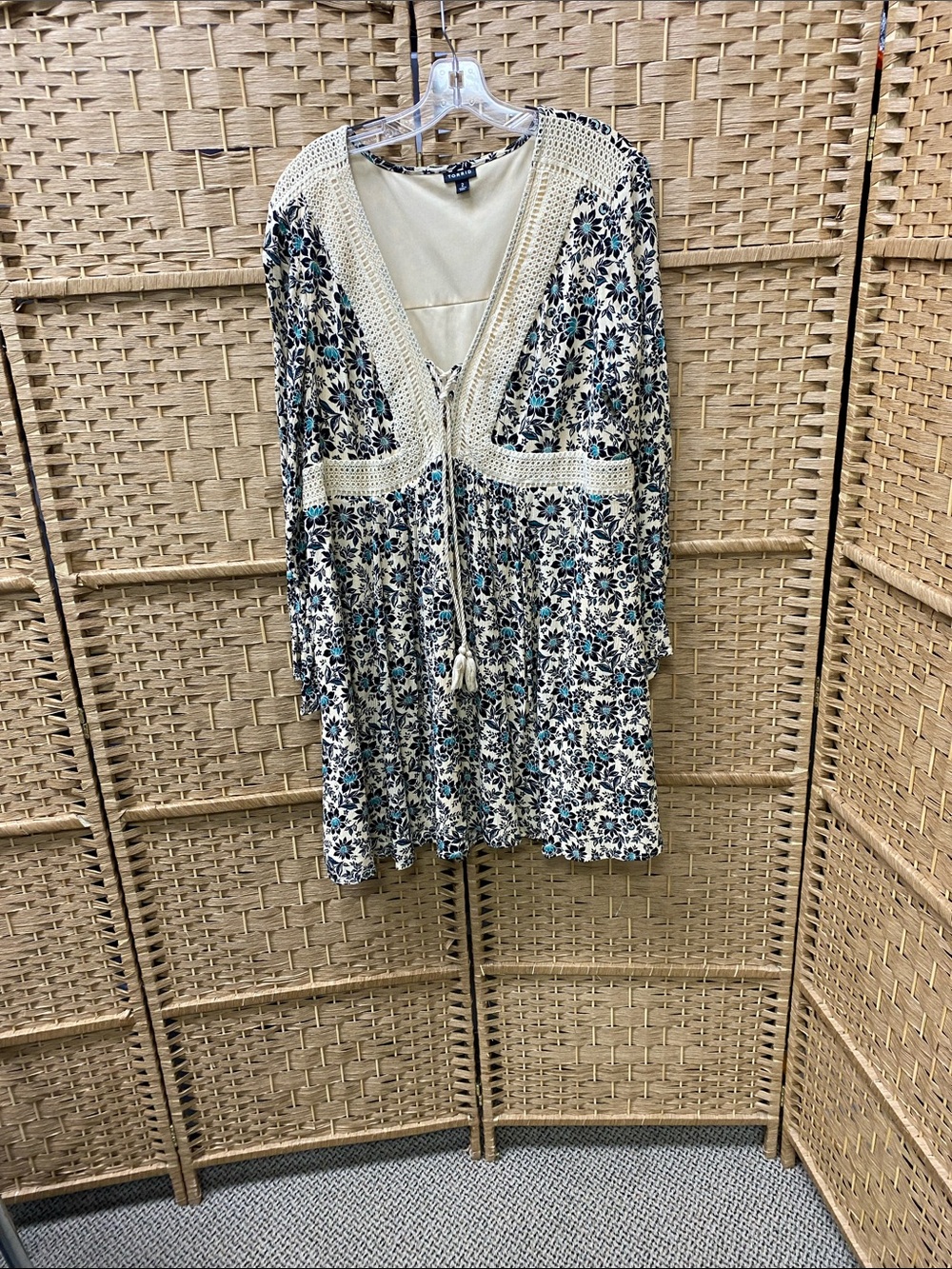 torrid Cream Boho Floral Mini Dress with Teal and Black Accents